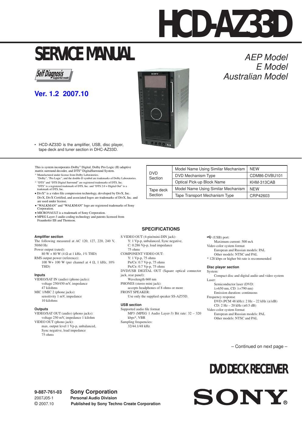 sony hcd az 33d service manual