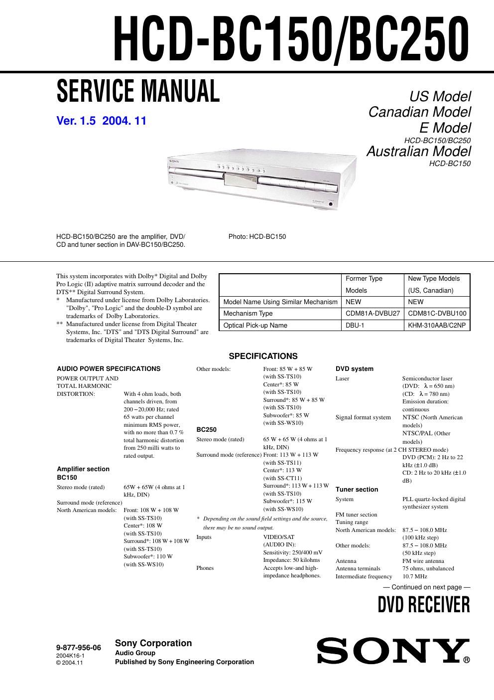 sony hcd bc 150 service manual