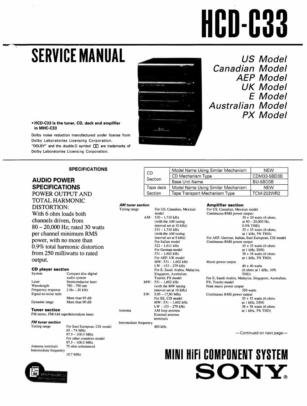 sony hcd c 33 service manual