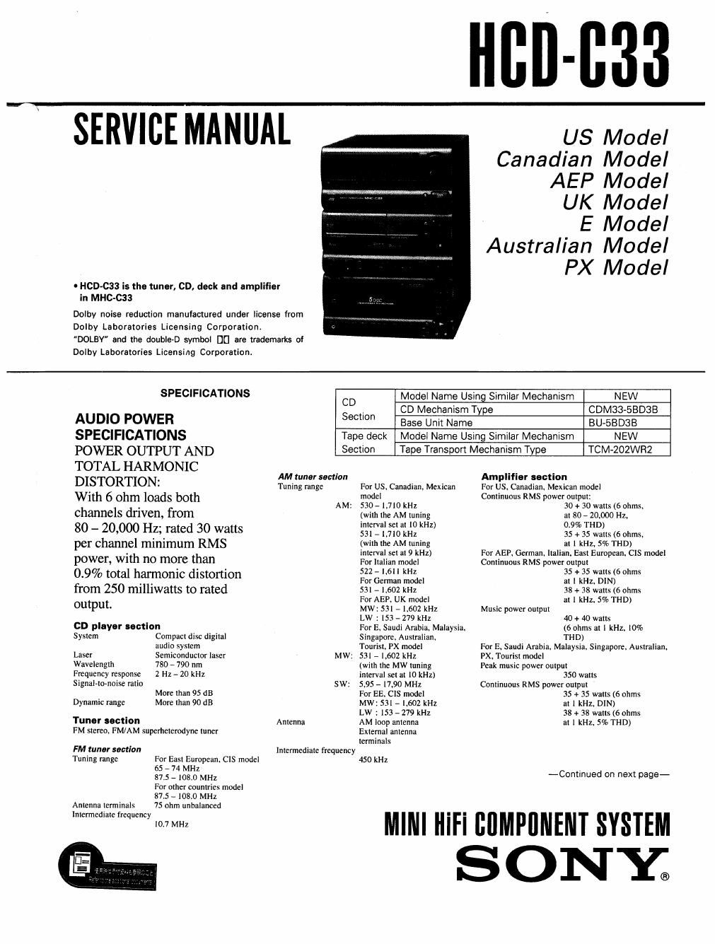sony hcd c 33 service manual