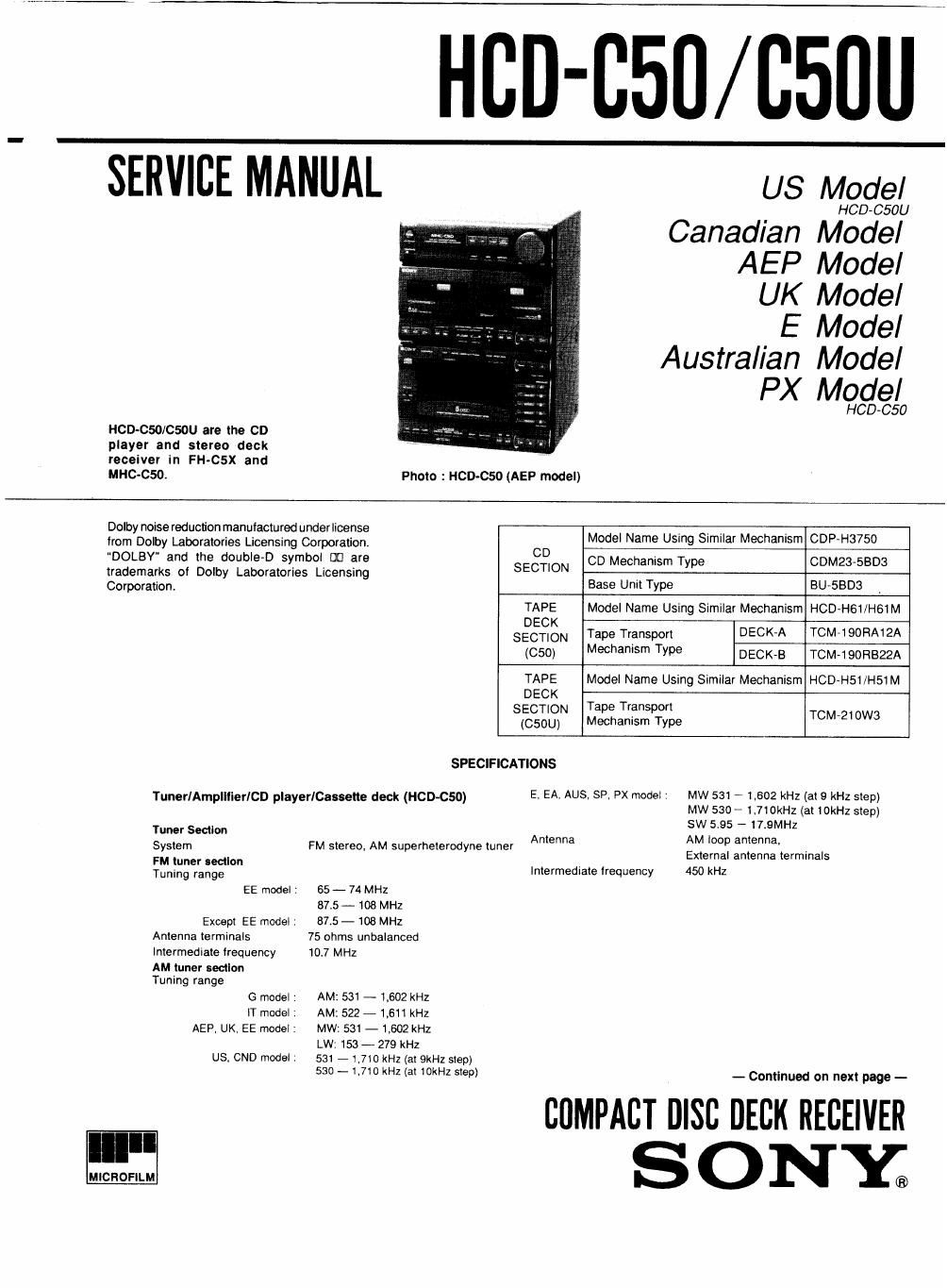 sony hcd c 50 service manual