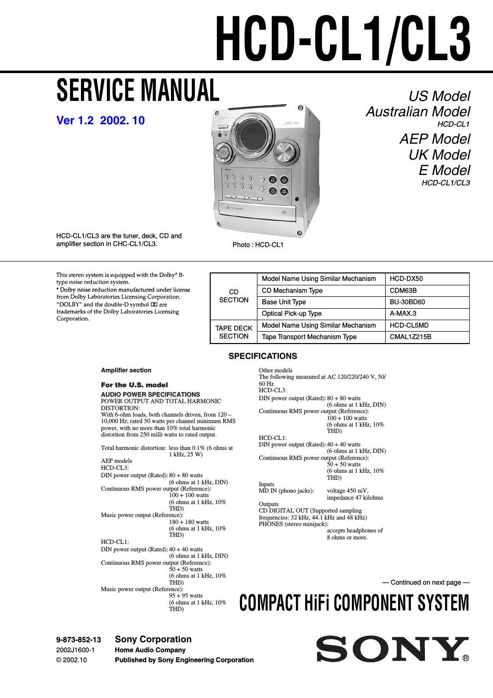 sony hcd cl 1 service manual