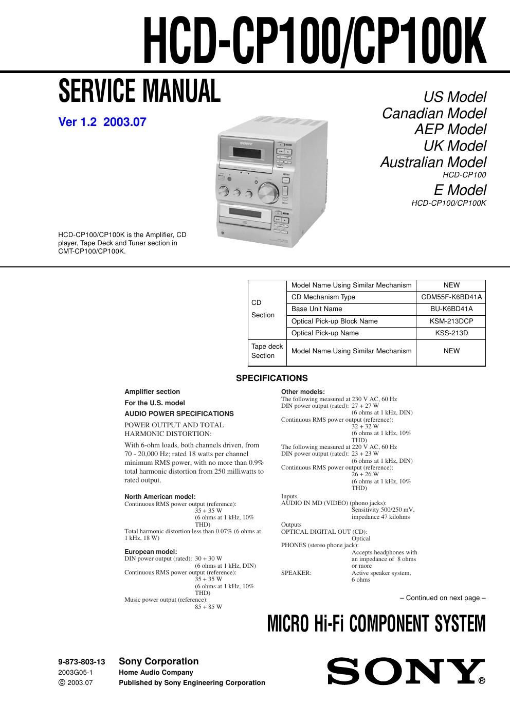 sony hcd cp 100 k service manual