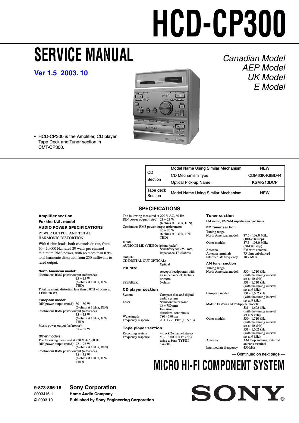 sony hcd cp 300 service manual