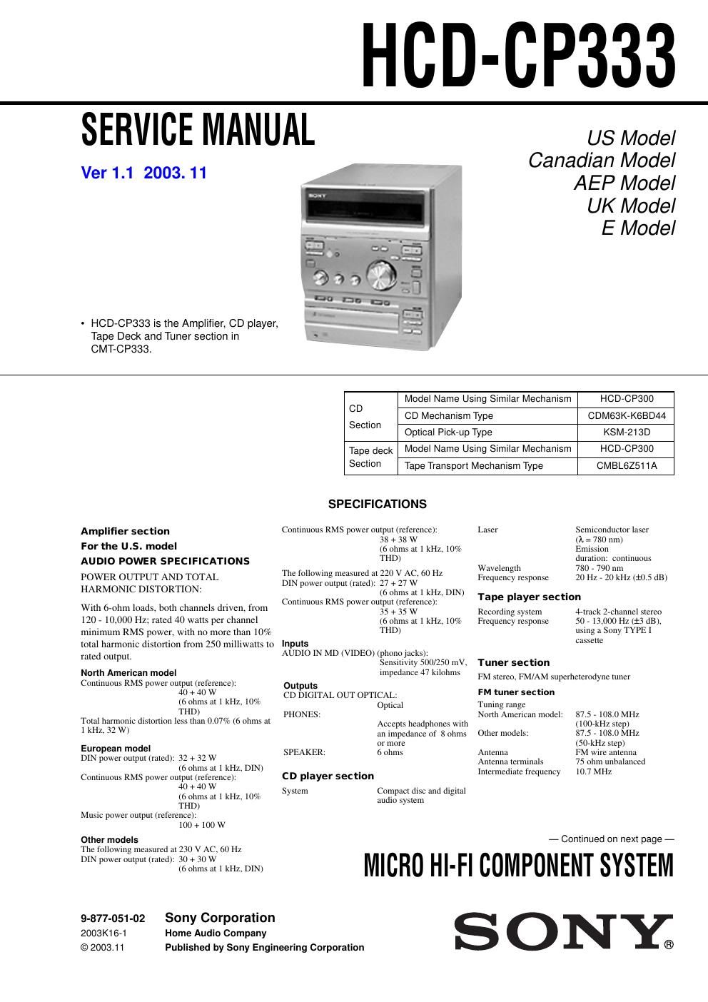 sony hcd cp 333 service manual