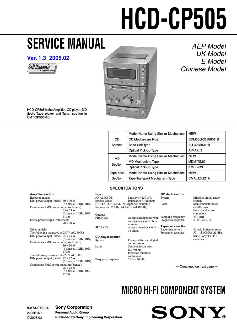 sony hcd cp 505 service manual