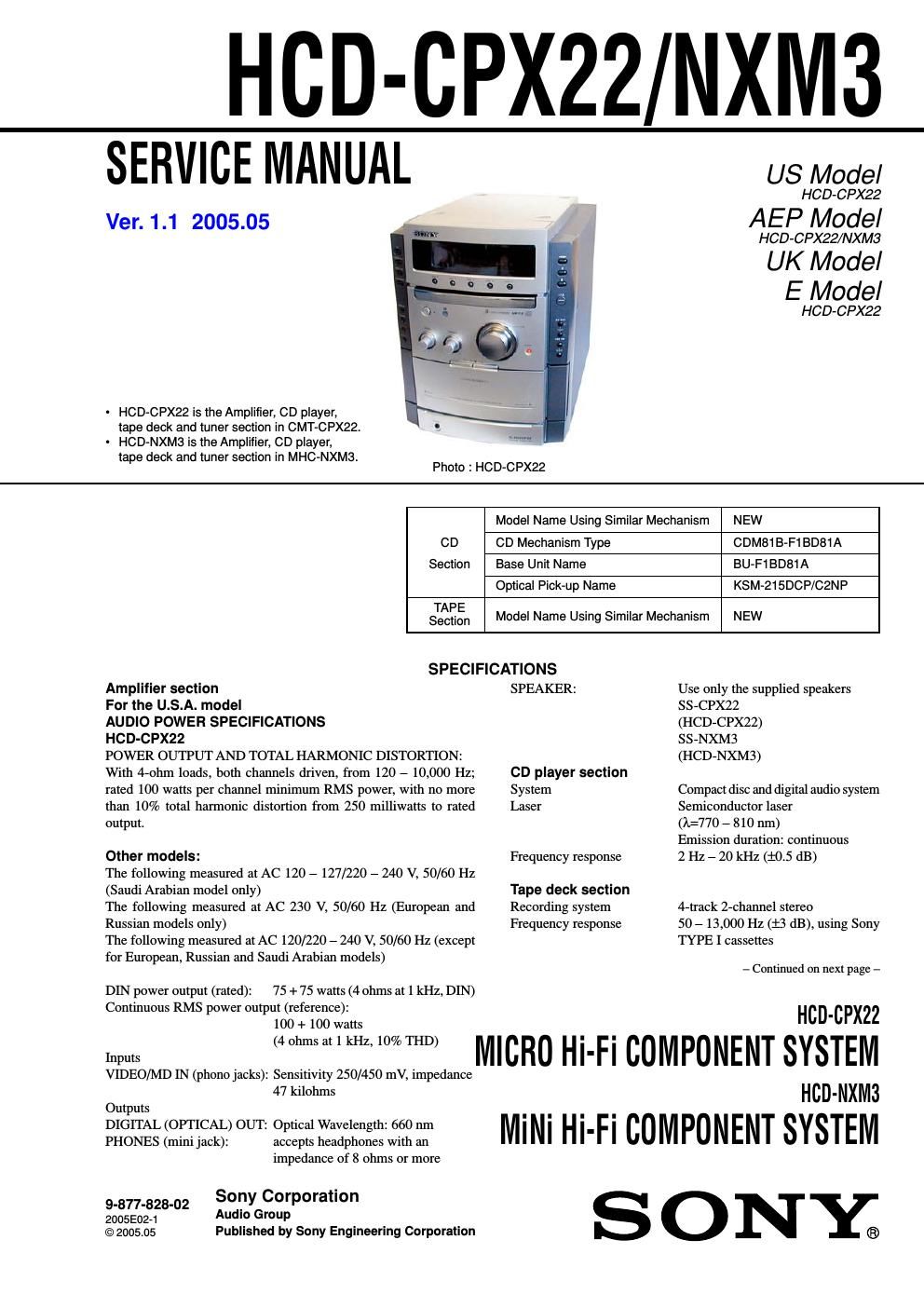 sony hcd cp x 22 service manual