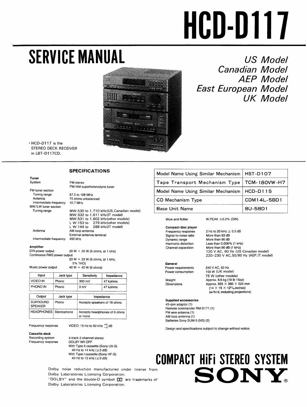 sony hcd d 117 service manual