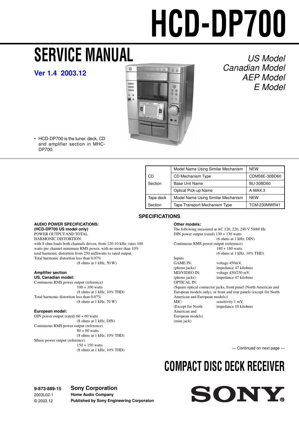 sony hcd dp 700 service manual