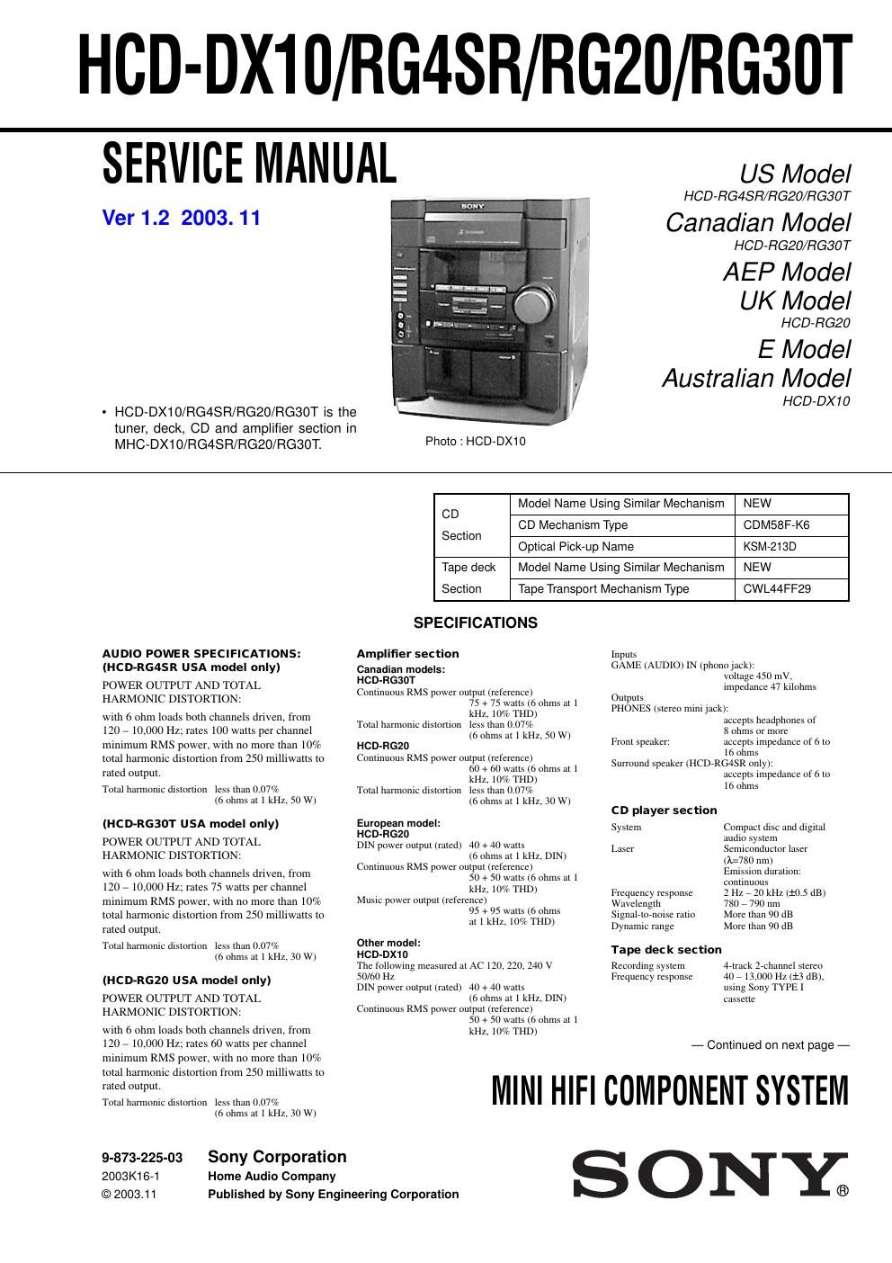 sony hcd dx 10 service manual