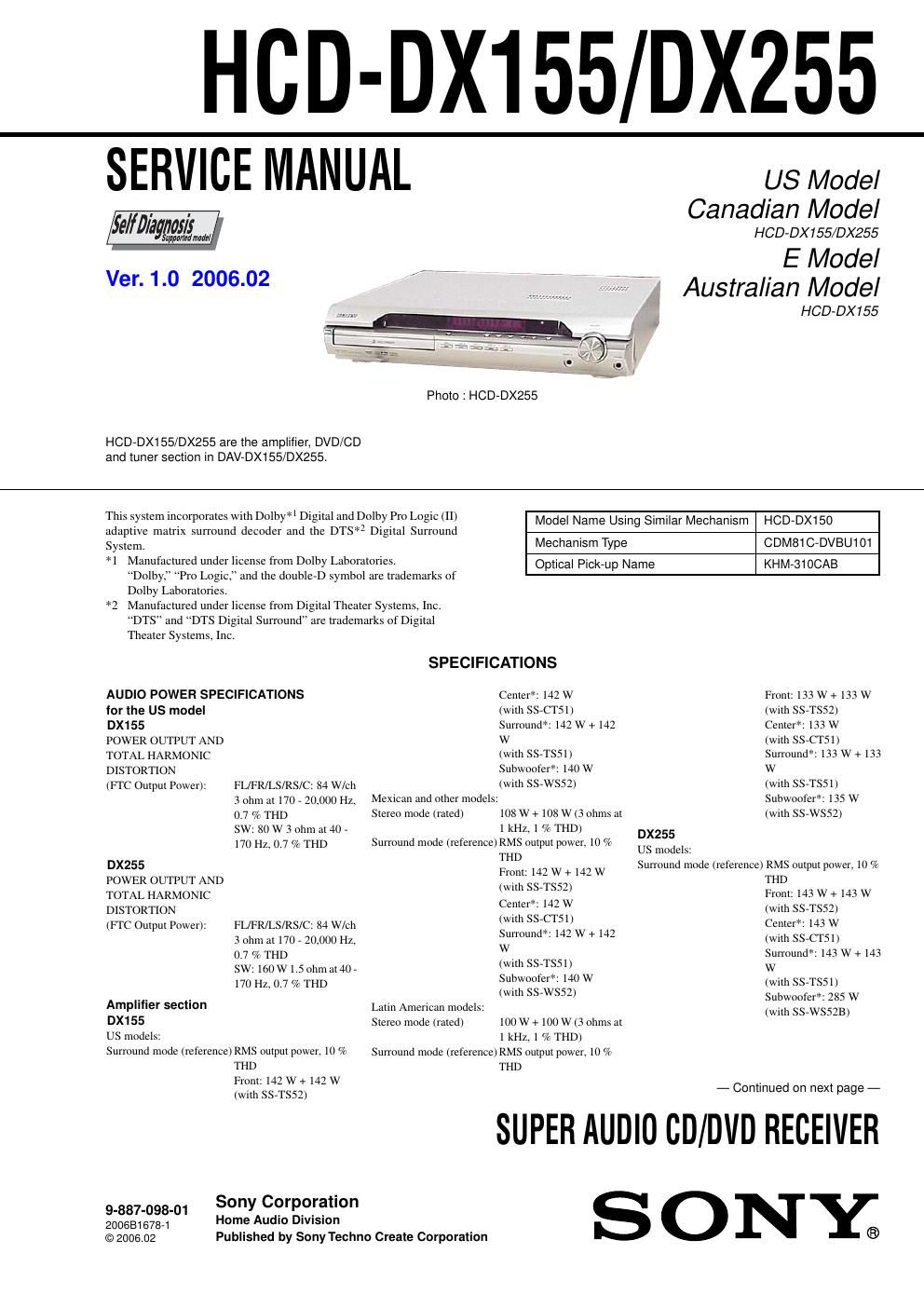 sony hcd dx 155 service manual