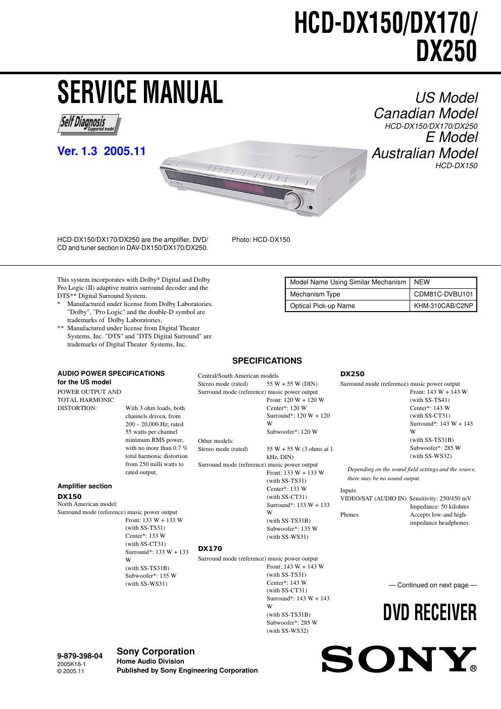 sony hcd dx 170 service manual