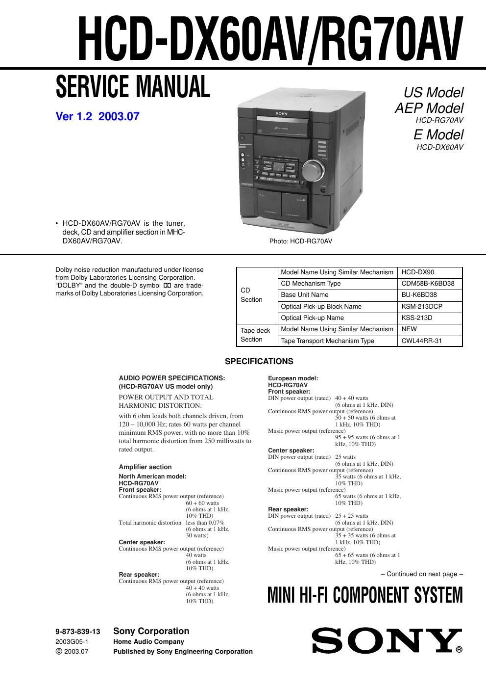 sony hcd dx 60 av service manual