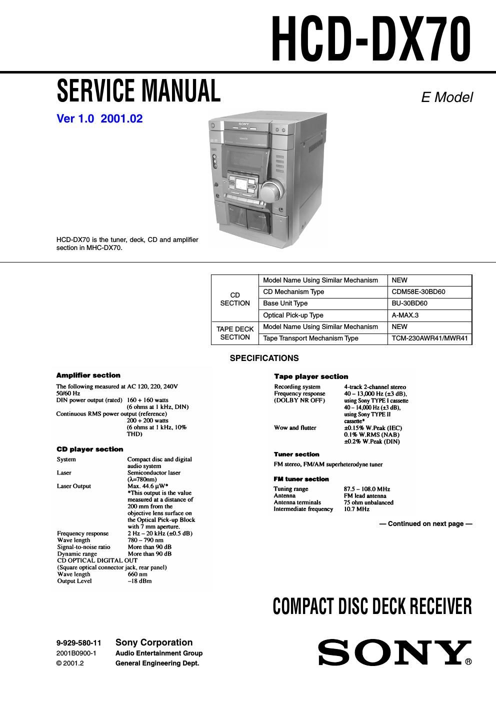 sony hcd dx 70 service manual