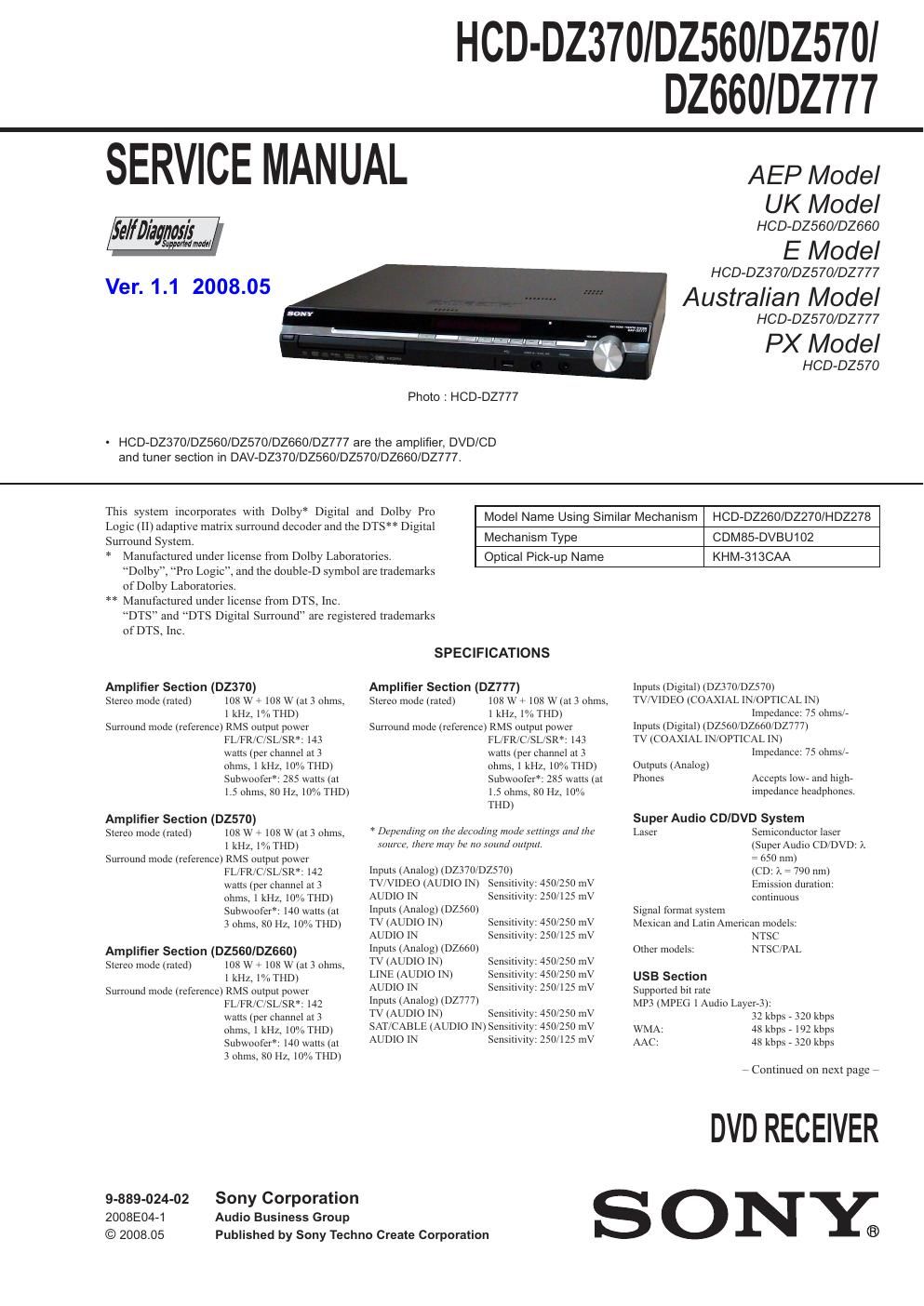 sony hcd dz 370 560 570 660 777 ver 1 1 2008 05 dvd receiver service manual