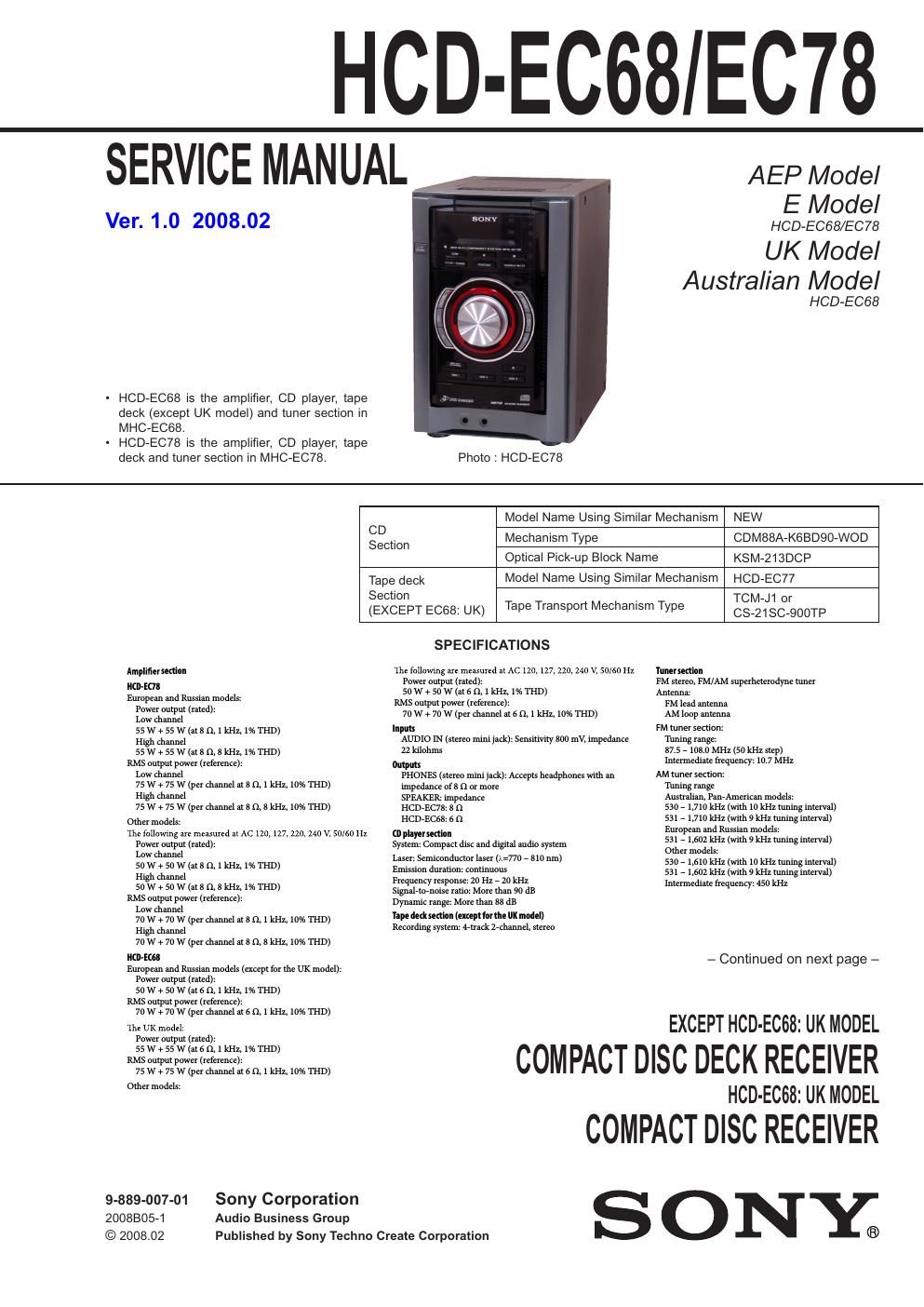 sony hcd ec 78 service manual