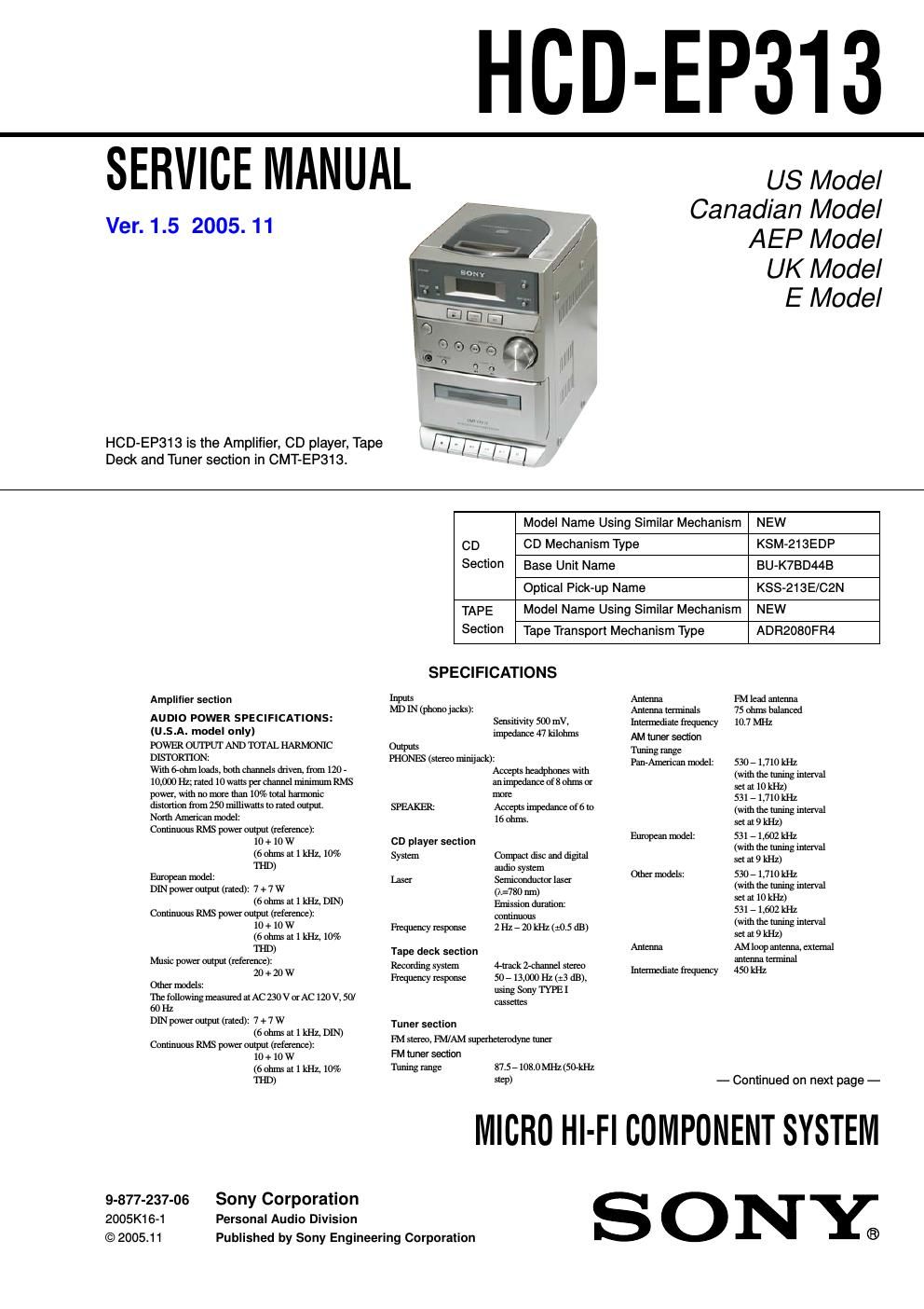 sony hcd ep 313 service manual