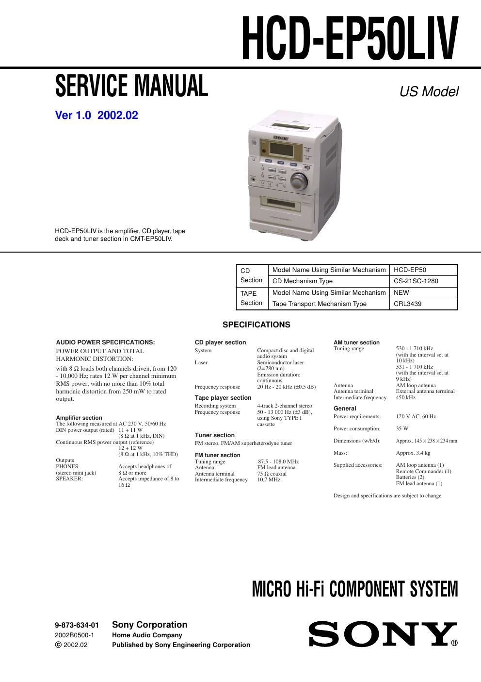 sony hcd ep 50 liv service manual