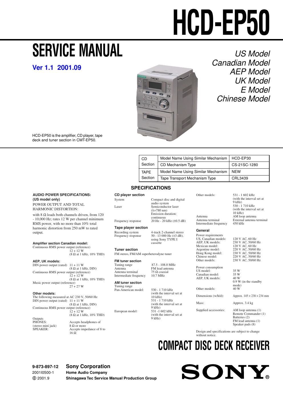 sony hcd ep 50 service manual