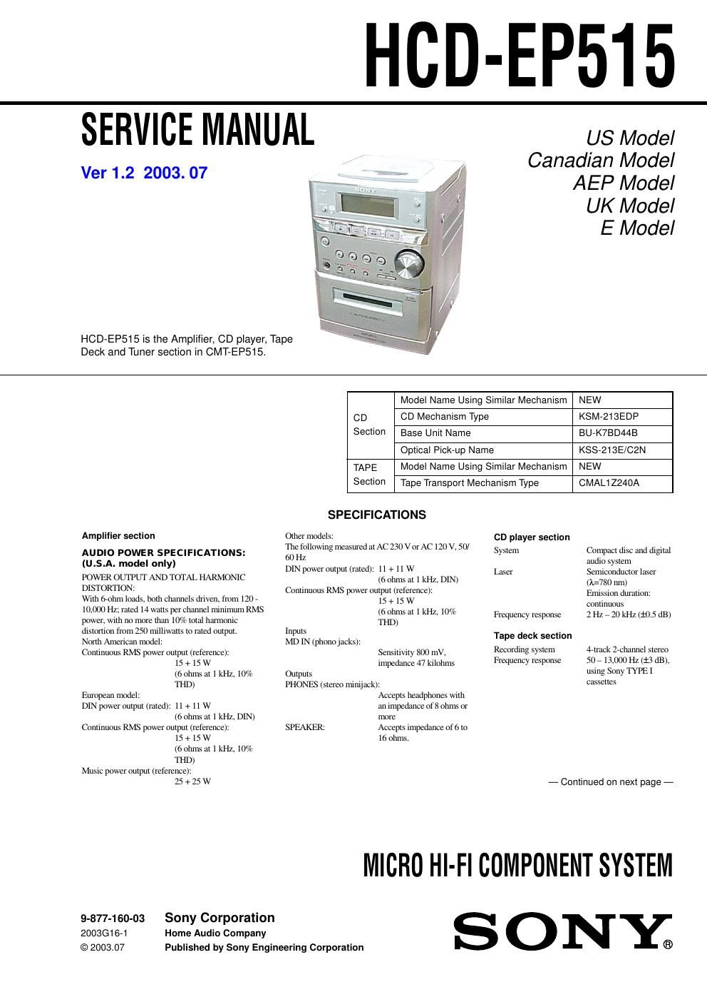 sony hcd ep 515 service manual