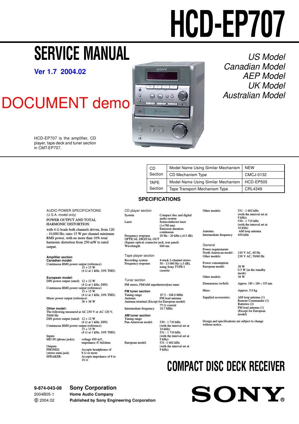 sony hcd ep 707 service manual