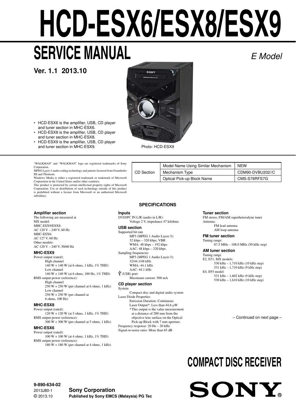 sony hcd esx6 hcd esx8 hcd esx9 ver 1 1