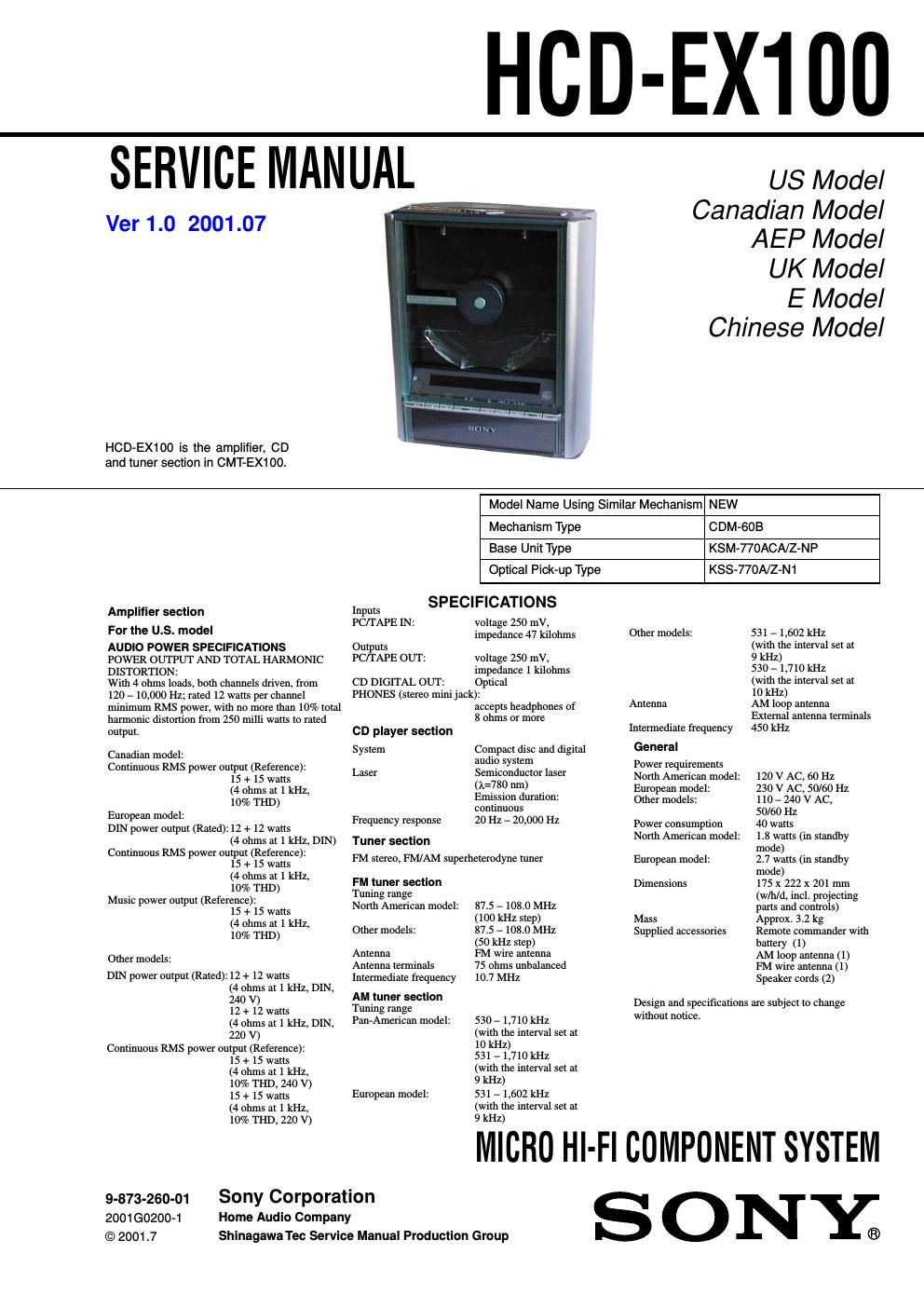 sony hcd ex 100 service manual