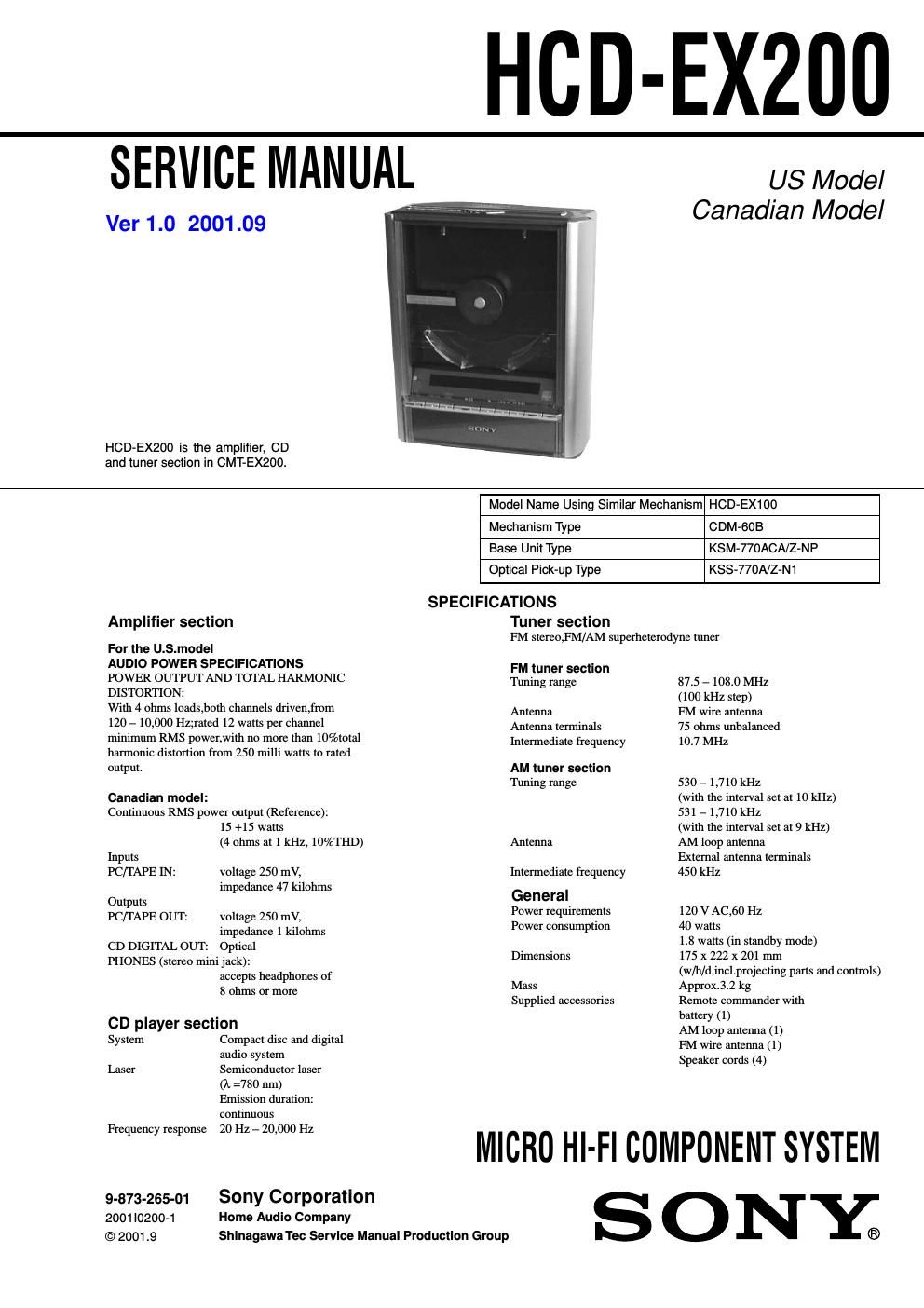 sony hcd ex 200 service manual