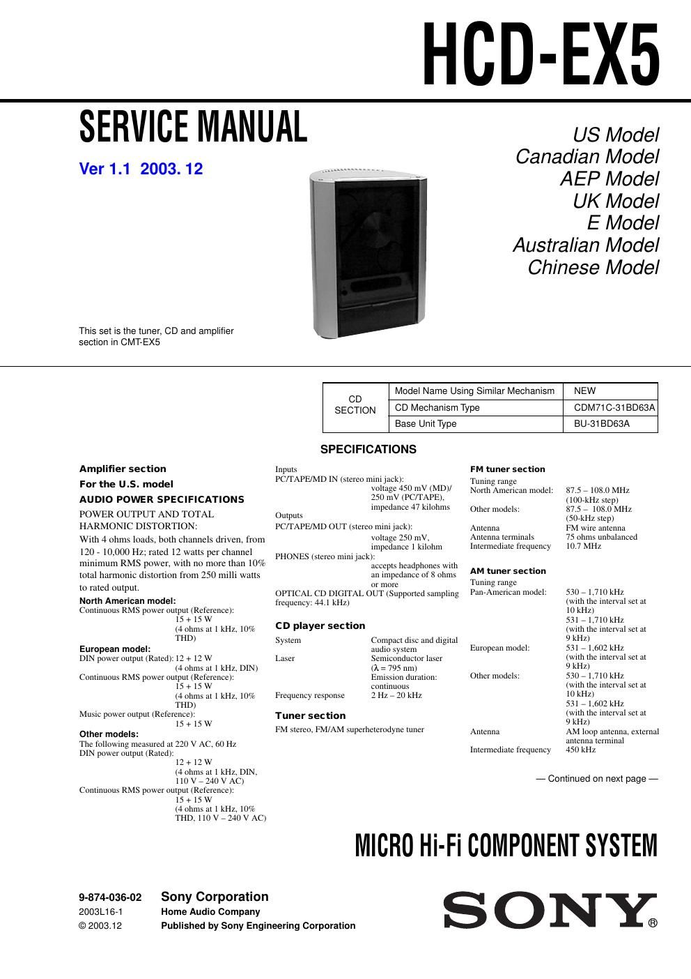 sony hcd ex 5 service manual