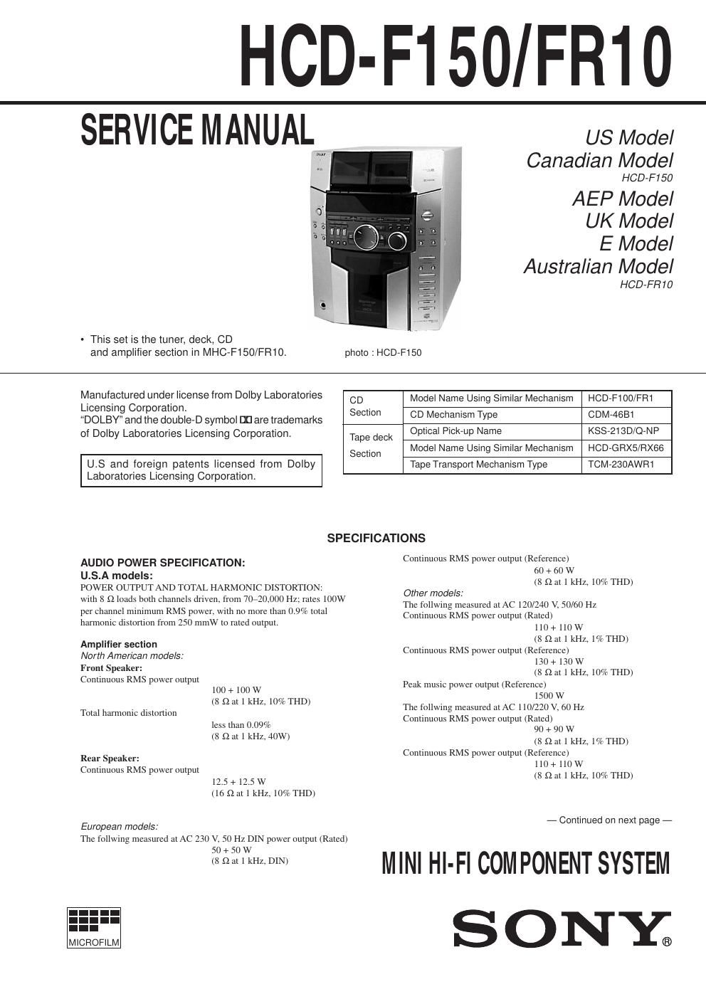 sony hcd fr 10 service manual