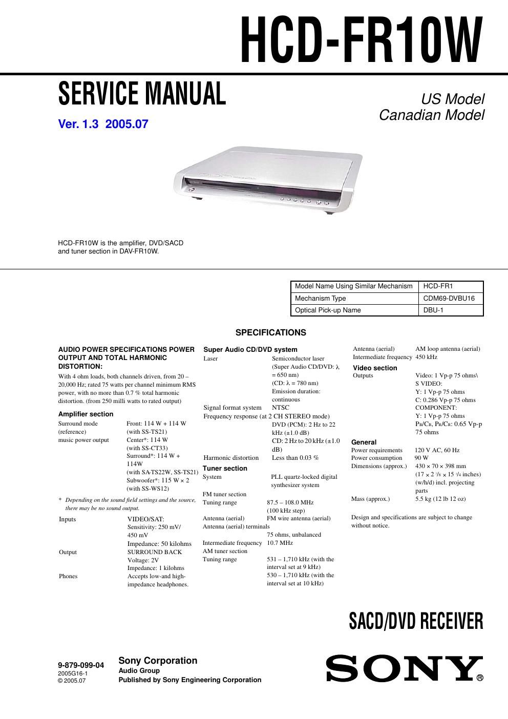 sony hcd fr 10 w service manual