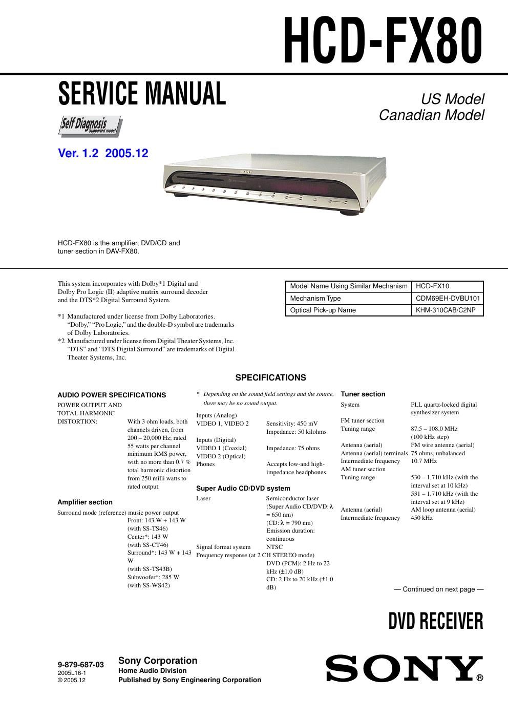 sony hcd fx 80 service manual