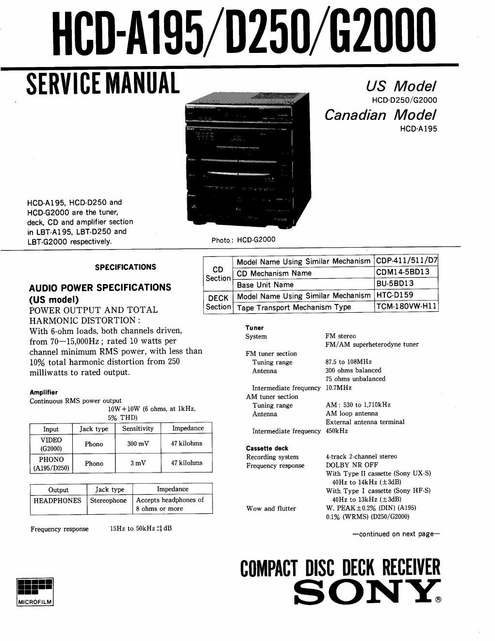 sony hcd g 2000 service manual