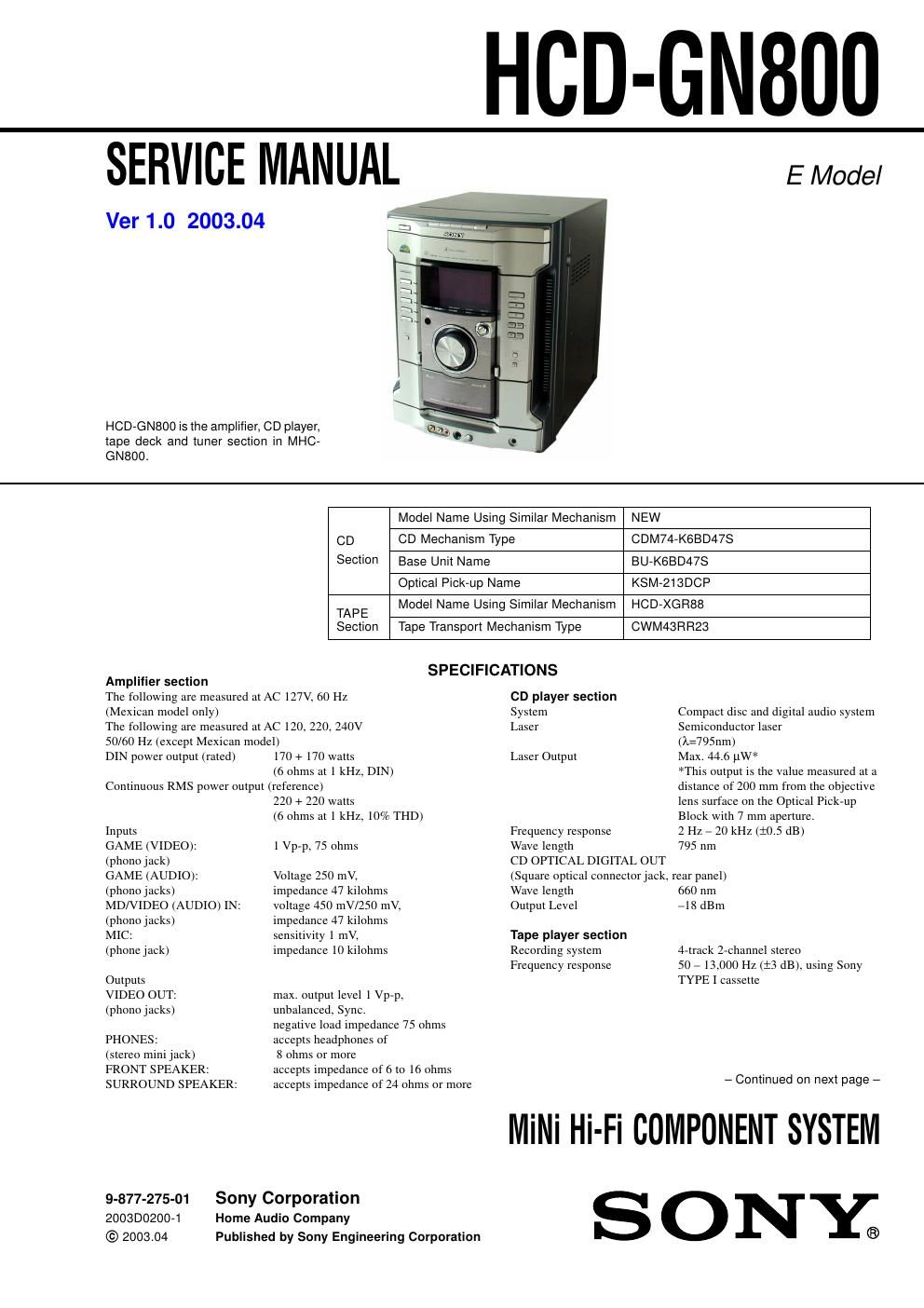 sony hcd gn 800 service manual