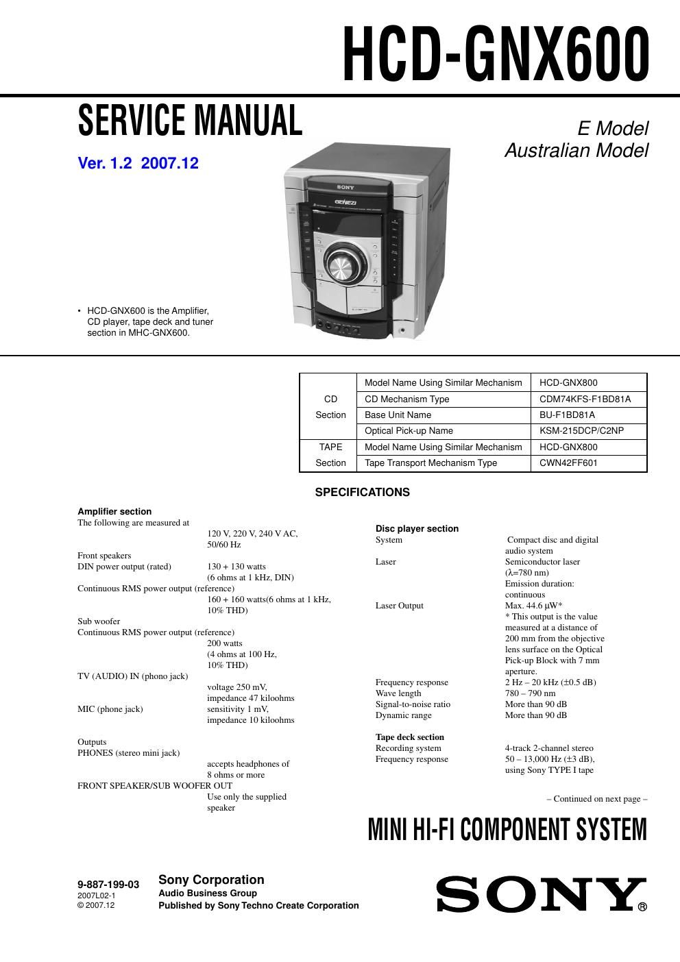 sony hcd gnx 600 service manual