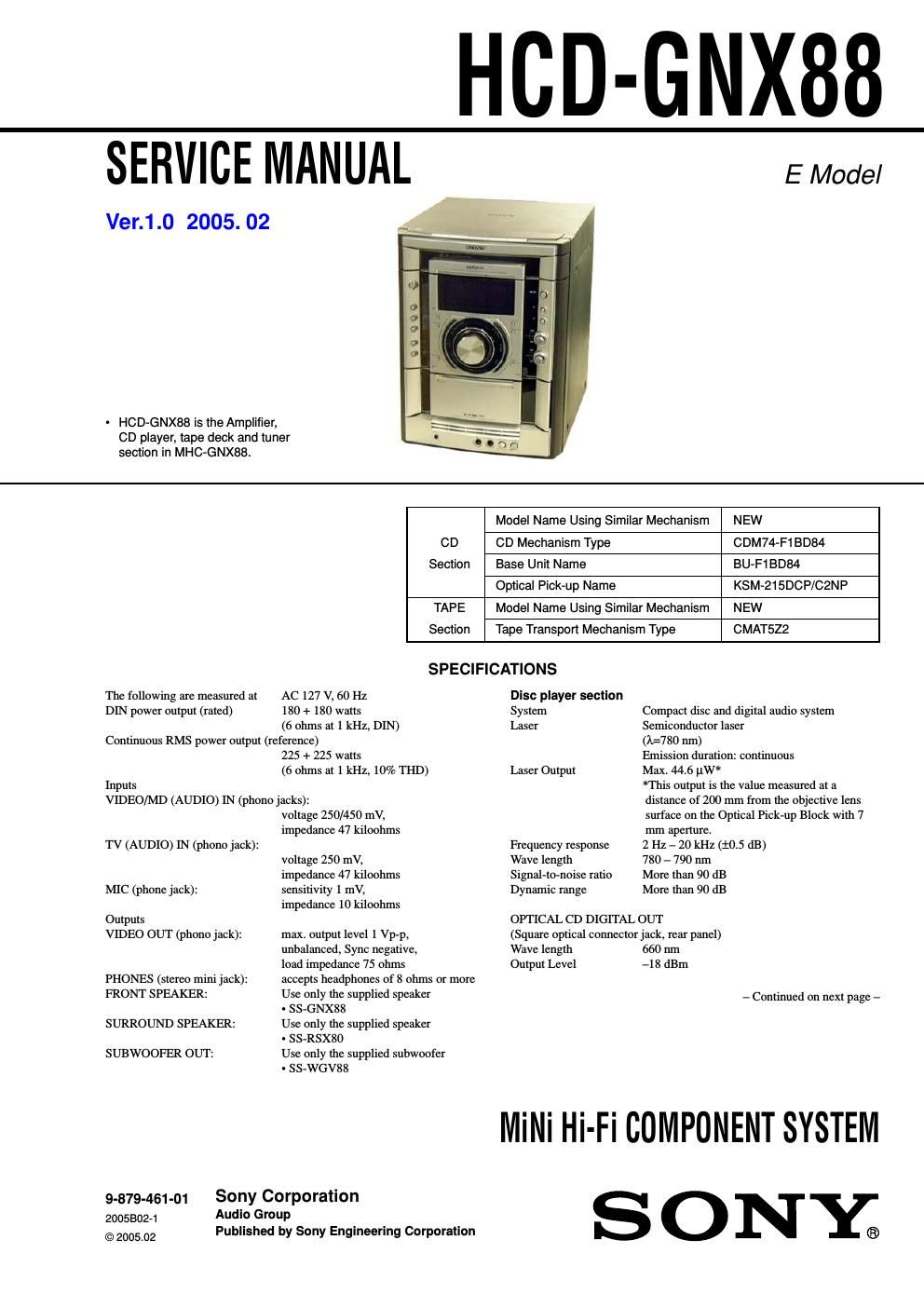 sony hcd gnx 88 service manual