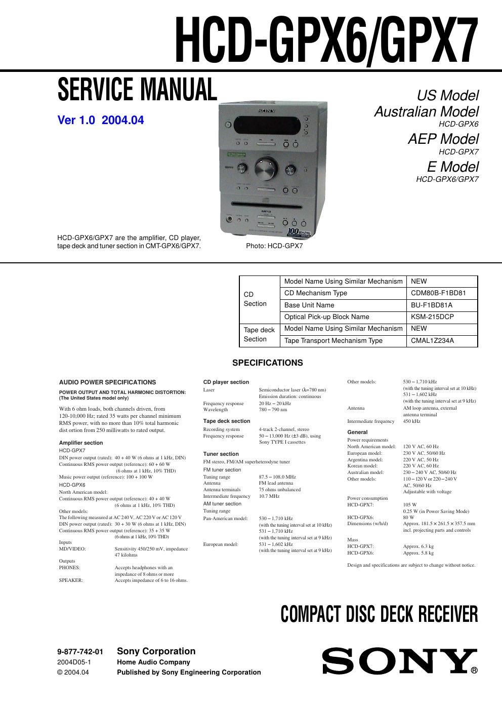 sony hcd gpx 7 service manual