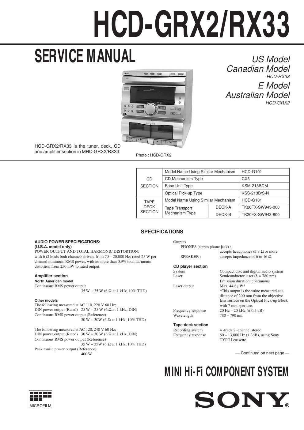 sony hcd grx 2 service manual