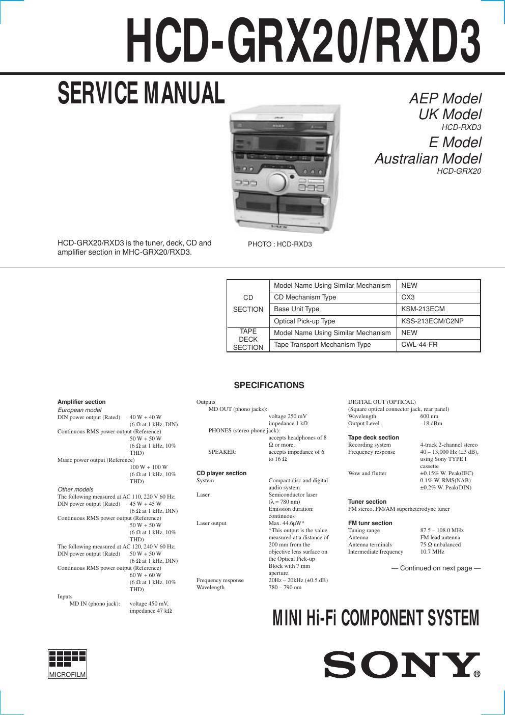 sony hcd grx 20 service manual