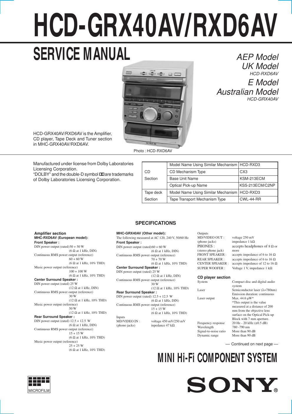 sony hcd grx 40 av service manual