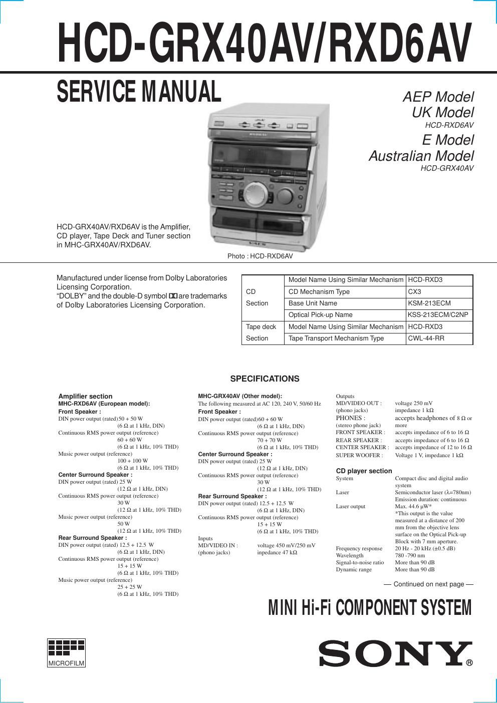 sony hcd grx 40av rxd6av