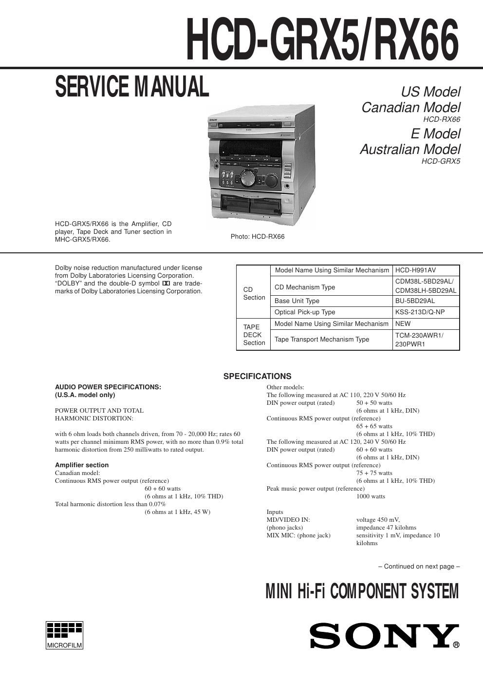 sony hcd grx 66 service manual