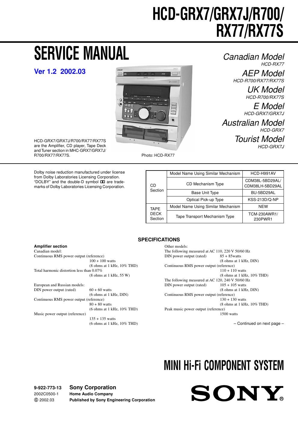 sony hcd grx 7 service manual