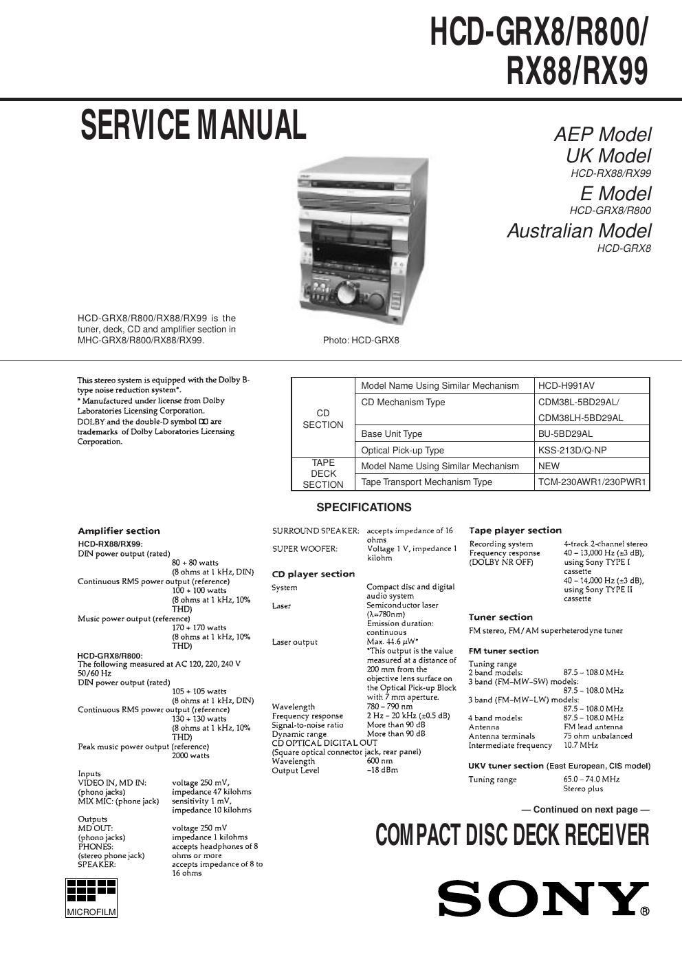 sony hcd grx 8 r800 rx88 rx99 service manual