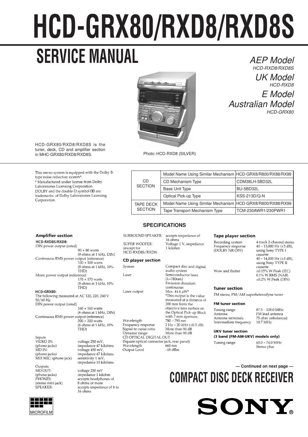 sony hcd grx 80 service manual