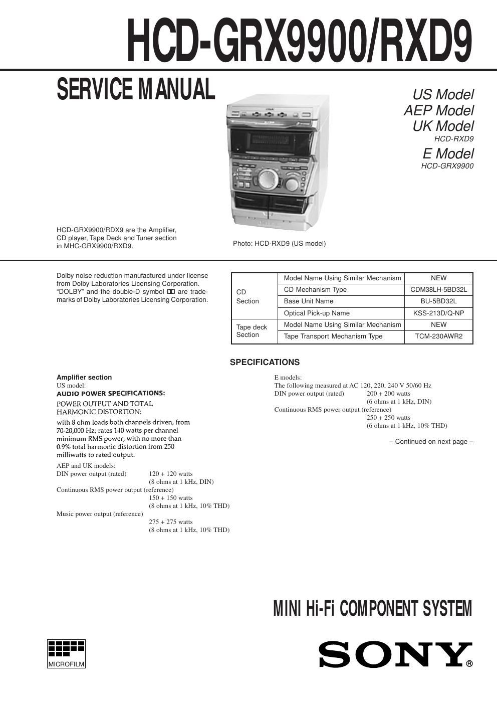 sony hcd grx 9900 service manual