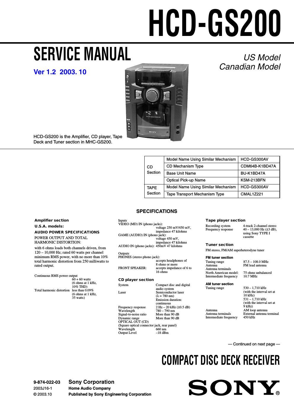 sony hcd gs 200 service manual