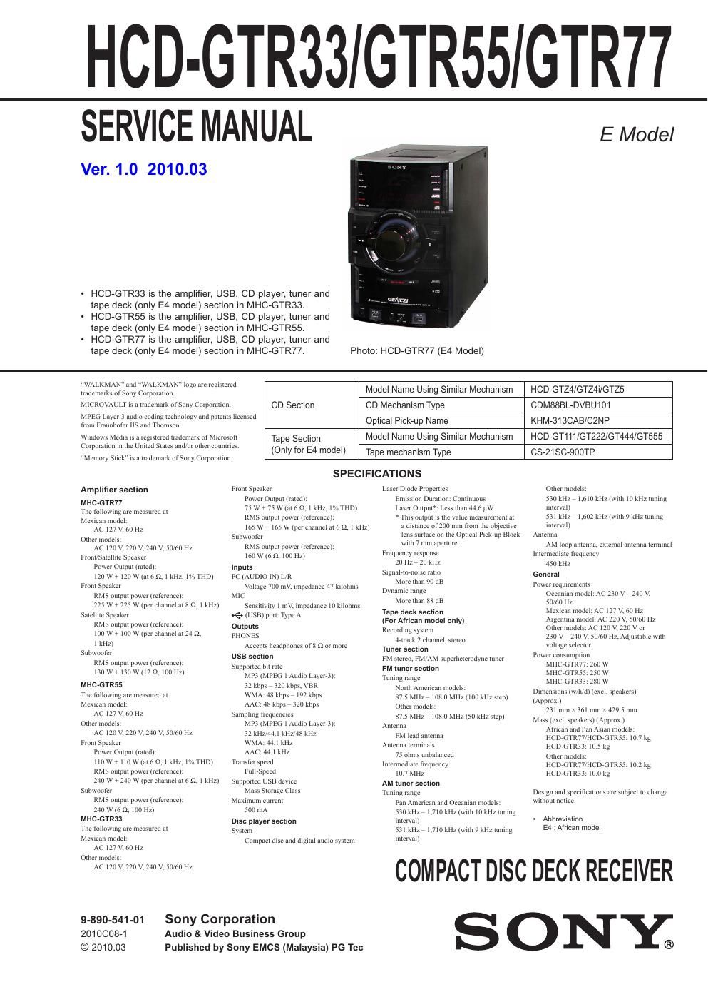 sony hcd gtr 33 gtr 55 gtr 77