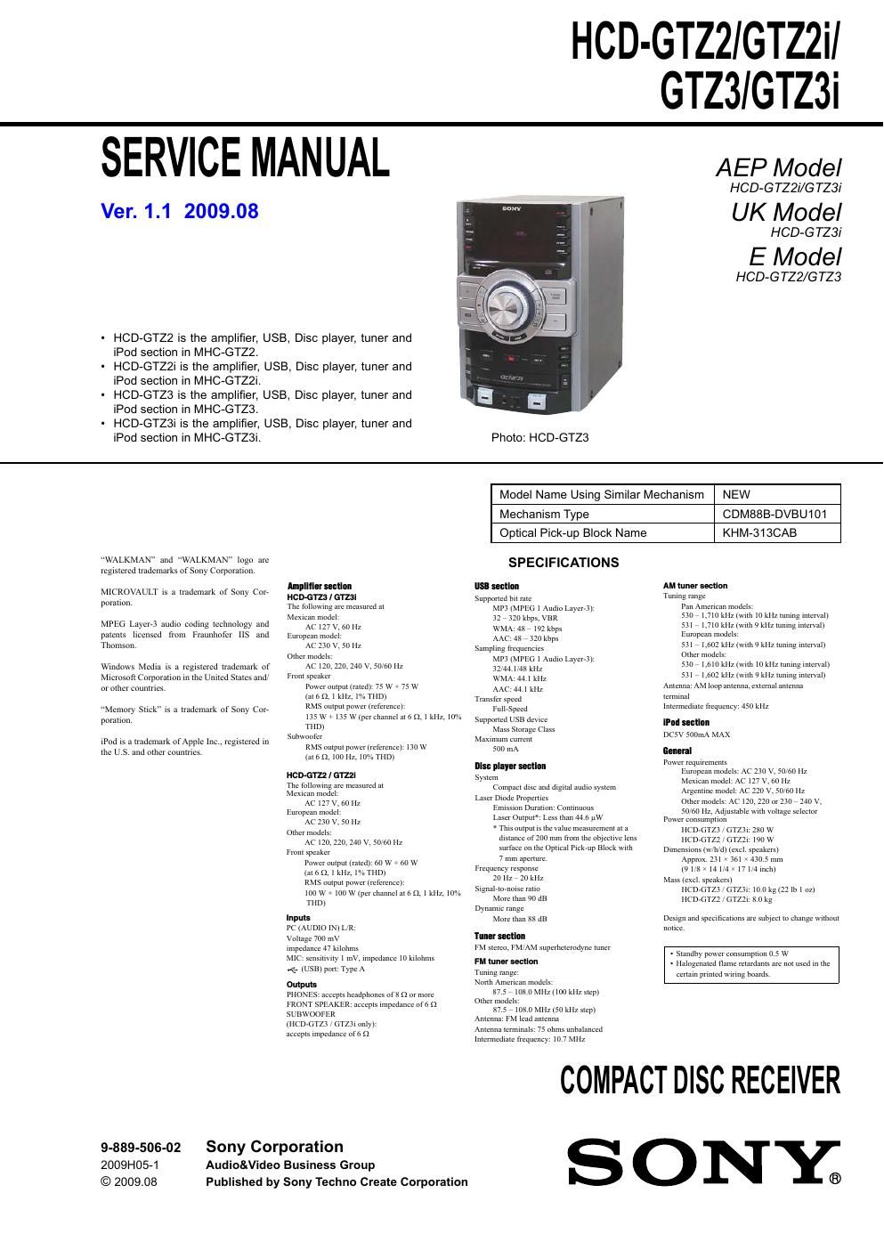 sony hcd gtz 3 service manual