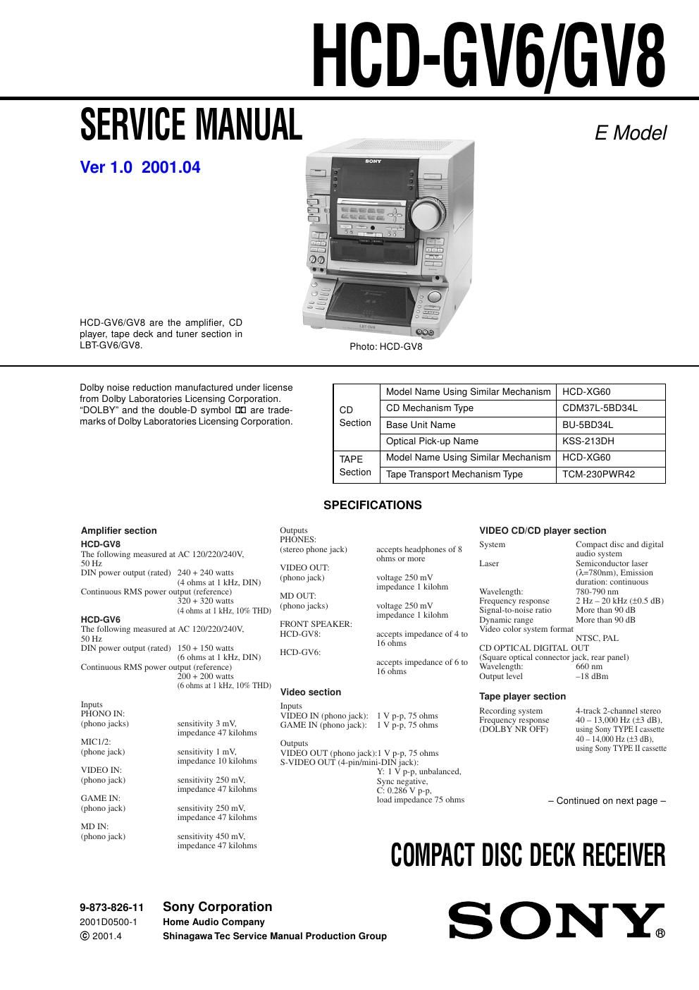 sony hcd gv 6 service manual